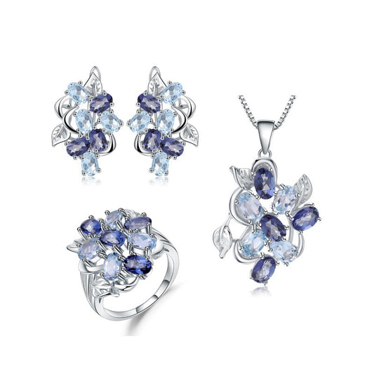 Luxurious Italian Craft Jewelry Set s925Silver Inlaid Gemstone Ring Necklace Earrings Three-Piece Set