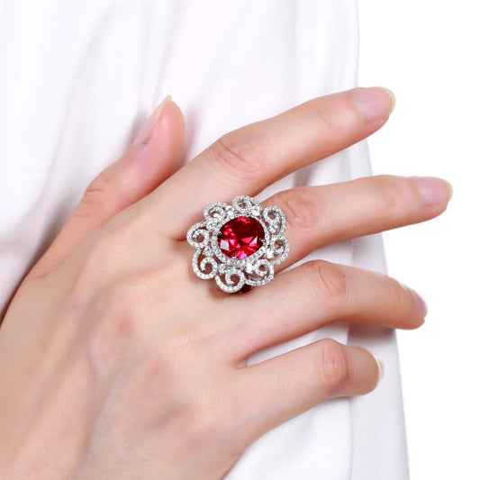 Colorful Crystal Ring Female Luxury Peony Flower s925Sterling Silver Inlaid Cultivated Ruby Ring