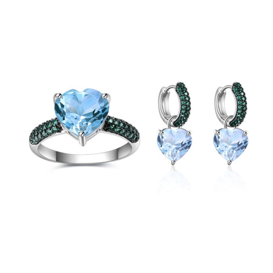 Heart-shaped Gemstone Set Natural Pink Crystal s925Sterling Silver Ring Earrings Heart Topaz Jewelry Set