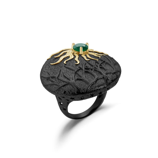 Designer Dark Retro Style Ring Shan Hai Jing Kuafu Chasing the Sun Design s925Silver natural gemstone ring