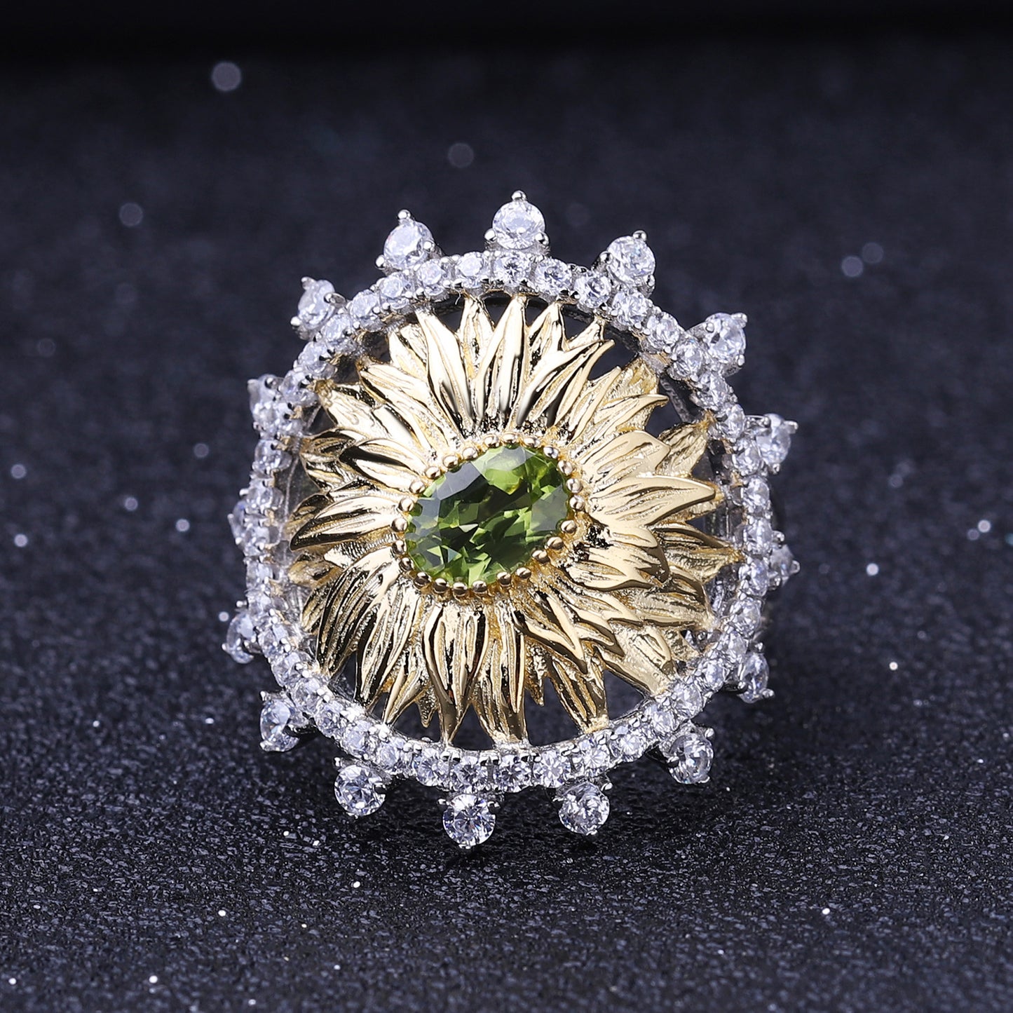 Designer High-End Natural Peridot Jewelry Set Sunflower Element Design925Silver Ring Earrings