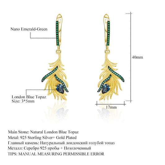 Designer High-End Gemstone Earrings Phoenix Feather Design s925Silver Natural Topaz Earrings Drop Earrings