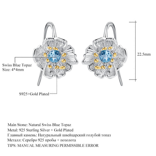 Designer High-End Gemstone Earrings Natural Style Floral Design925Silver Natural Topaz Stud Earrings