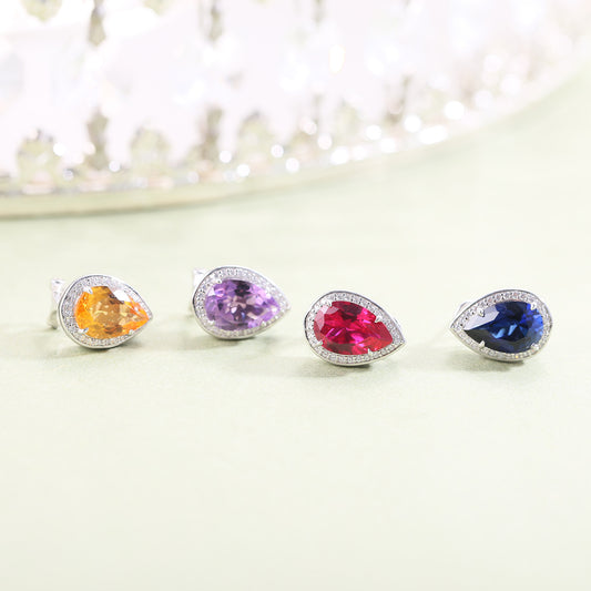 Luxurious and Exquisite Pear-Shaped Water Drop Crystal Earrings925Sterling Silver Inlaid Red and Blue Gemstone Stud Earrings Spring Summer New Style
