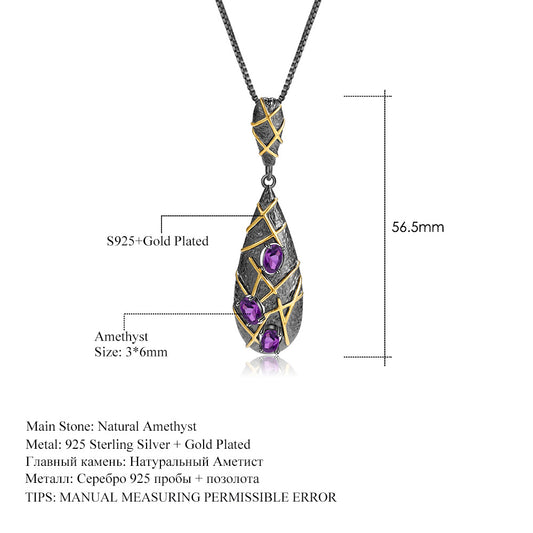 Italian Craft Designer Pendant Vintage Style with a Sense of Sophistication s925Silver Natural Amethyst Necklace Pendant