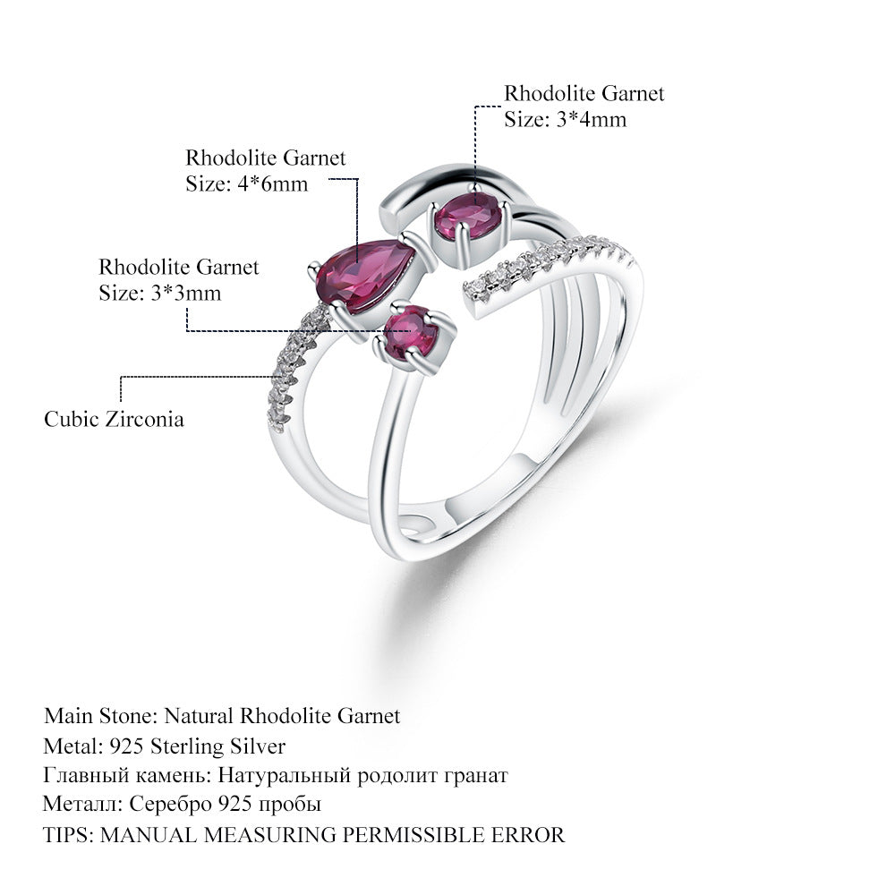 Luxurious and High-End Natural Rose Pomegranate Ring from the Prosperous Series925Silver Inlaid Natural Gemstone Ring