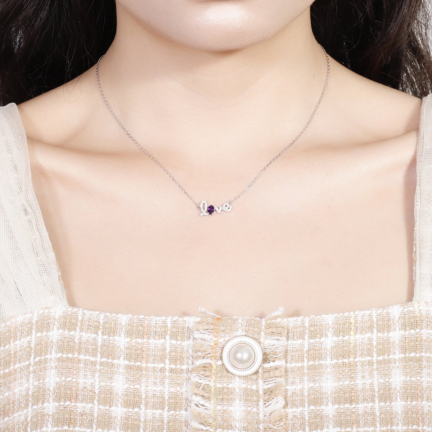 Design Sense Jewelry Natural Amethyst Pendant Natural Gemstone Inlay s925Silver LOVE Letter Necklace