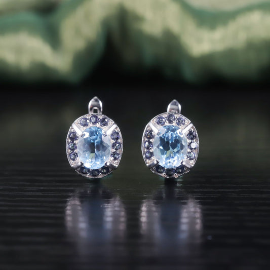 Unique Oval Earrings s925Sterling Silver Inlaid Natural Topaz Sky Blue Earrings Studs