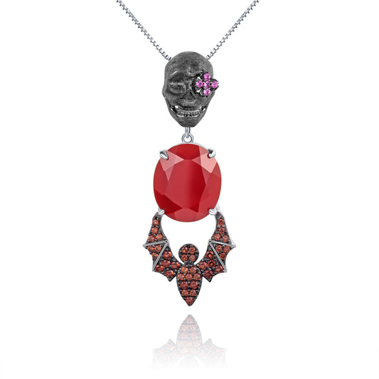 Designer Vintage Skull Bat Pendant Dark Series Jewelry Accessories925Silver Red Agate Necklace Pendant