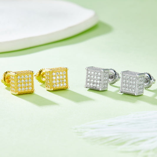 Unique Full Diamond Stud Earrings s925Silver Inlaid Moissanite Stud Earrings Unisex Fashion Export Square Stud Earrings Trendy