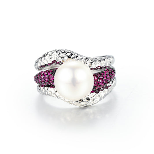 Freshwater Pearl Red Agate Sea Blue Chalcedony Crystal Ring s925Sterling Silver High-End Design Gemstone Ring for Men and Women