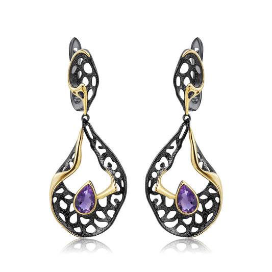 Italian Craft Designer Gemstone Earrings Retro High-End Sense925Silver Natural Amethyst Earrings Drop Earrings