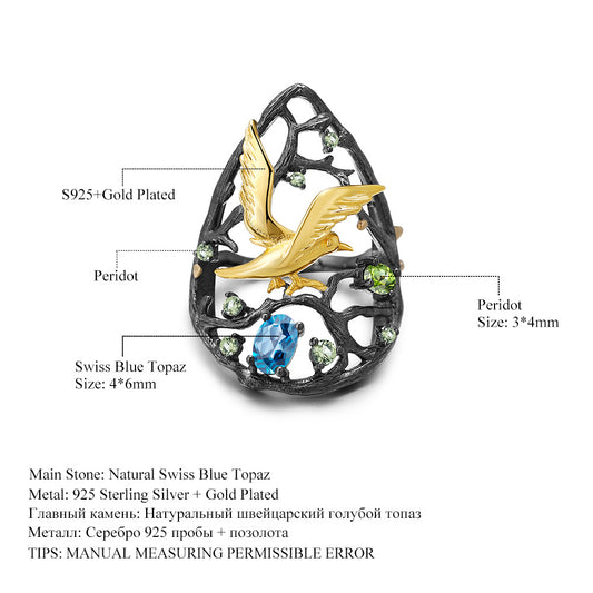 Original Design Ring Bird's Paradise Natural Topaz Rose Garnet s925Sterling Silver Gemstone Ring Exaggerated