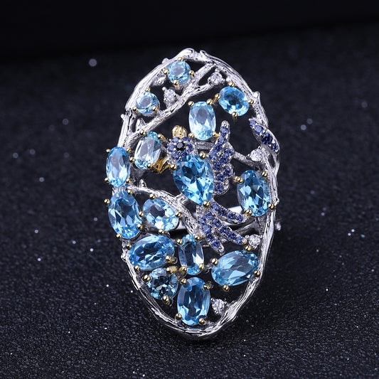 Secret Garden Designer Gemstone Ring Bird Design in the Bush s925Sterling Silver Natural Topaz Ring