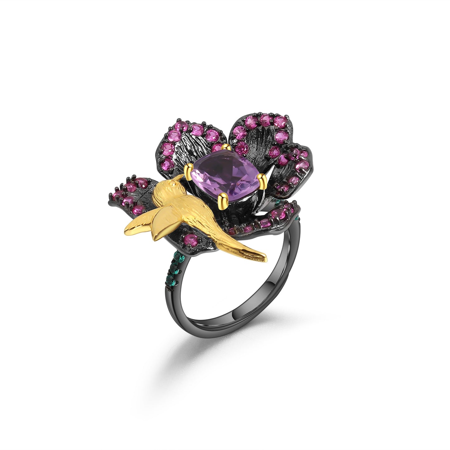 Secret Garden Designer Natural Gemstone Ring with Birds and Flowers Design925Silver Natural Amethyst Ring