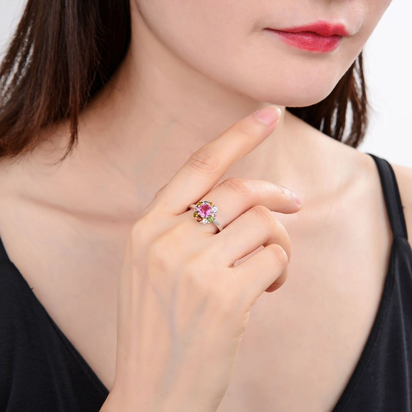 Floral Natural Garnet Ring s925Sterling Silver Cluster Inlaid Tourmaline Emerald Ring Colorful Gemstone Ring New Style