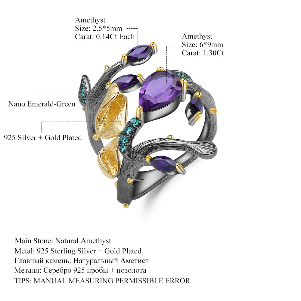 Russian Secret Garden Designer Gemstone Ring Natural Style Butterfly s925Silver Natural Amethyst Ring