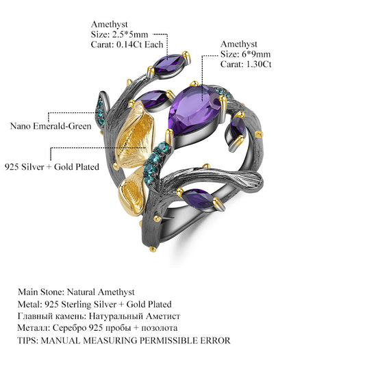 Russian Secret Garden Designer Gemstone Ring Natural Style Butterfly s925Silver Natural Amethyst Ring