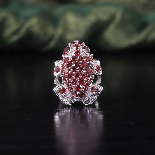 Unique Personality Toad Gemstone Ring s925Sterling Silver Inlaid Natural Topaz Garnet Ring Animal