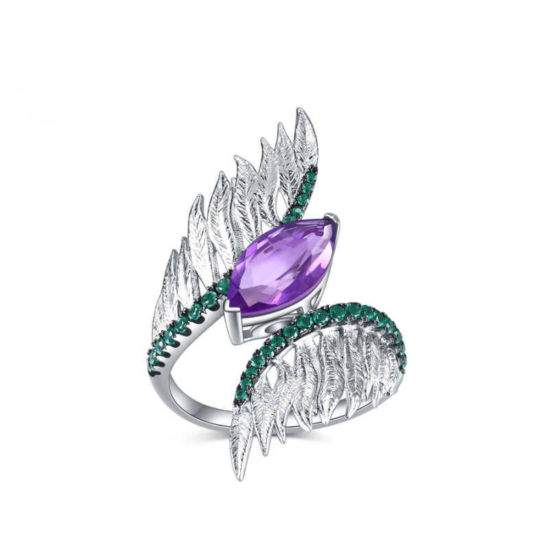 Designer Vintage Style Angel Wings Ring Italy s925Silver Inlaid Natural Gemstone Amethyst Ring