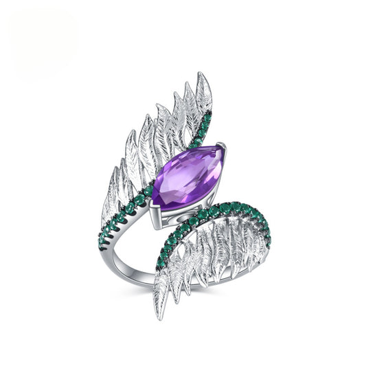 Designer Vintage Style Angel Wings Ring Italy s925Silver Inlaid Natural Gemstone Amethyst Ring