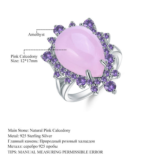 Luxurious Natural Gemstone Pink Chalcedony Ring Elegant Series with a Sense of Sophistication s925Silver Inlaid Gemstone Ring