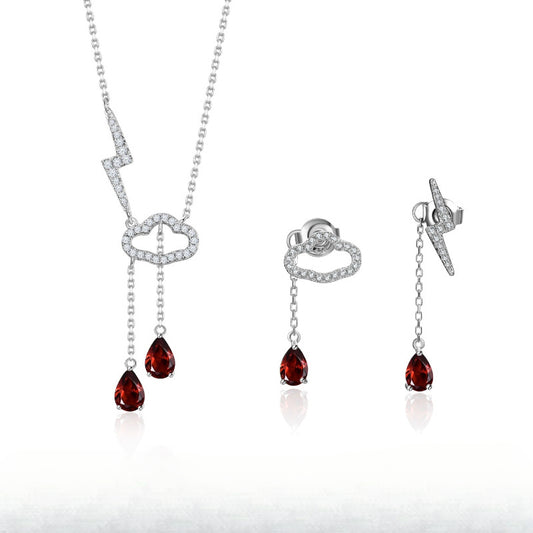 Cloud and Lightning Design Earrings and Necklace Two-Piece Set s925Silver Inlaid Gemstone Garnet Jewelry Set