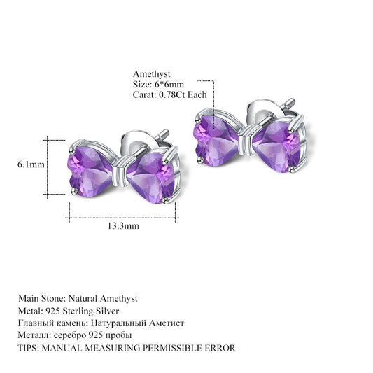 Fashion Natural Stone Earrings Bowknot s925Silver Purple Crystal Earrings Heart-shaped Gemstone Earrings