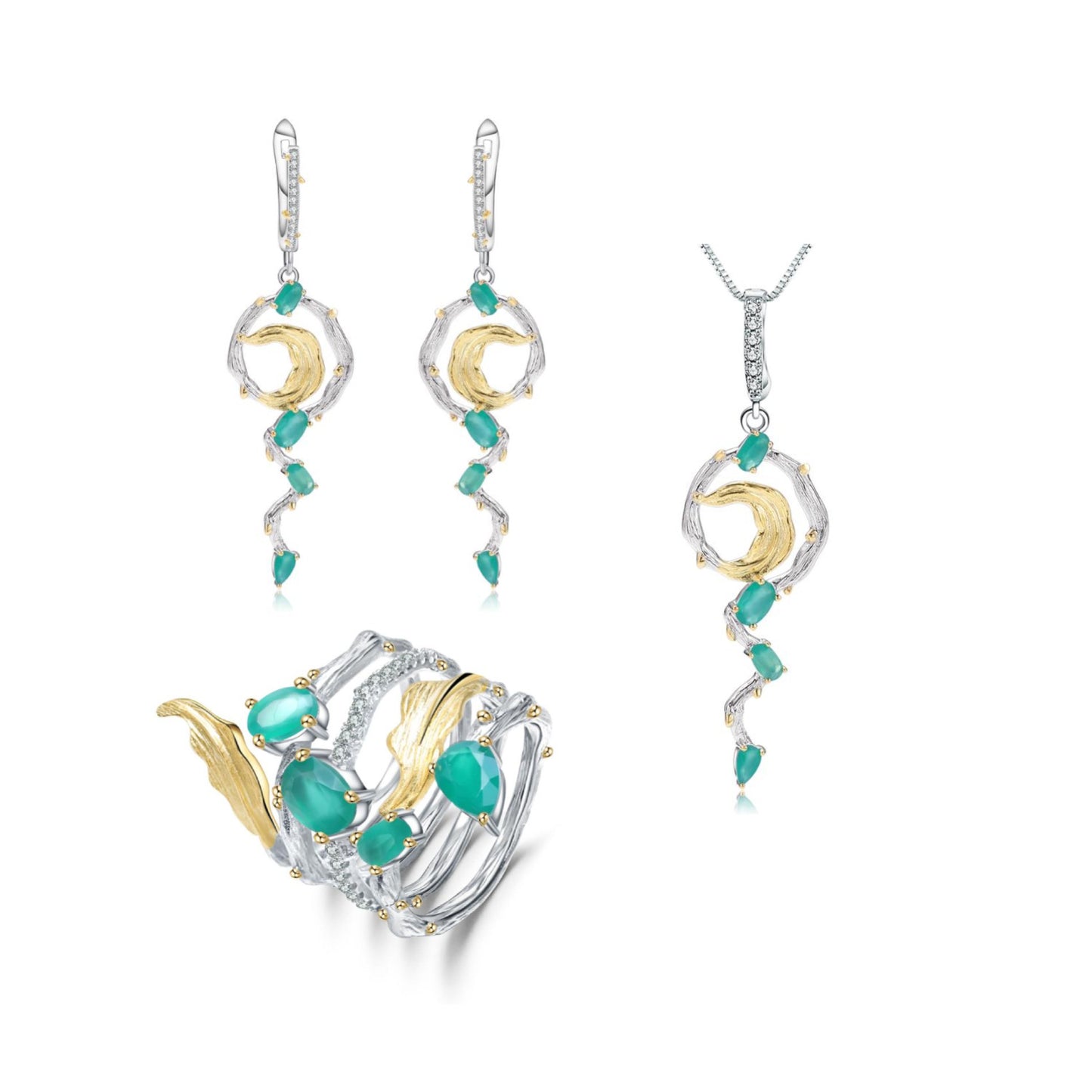 Secret Garden Series Designer High-End Natural Gemstone Jewelry Set Rings, Earrings, Pendants