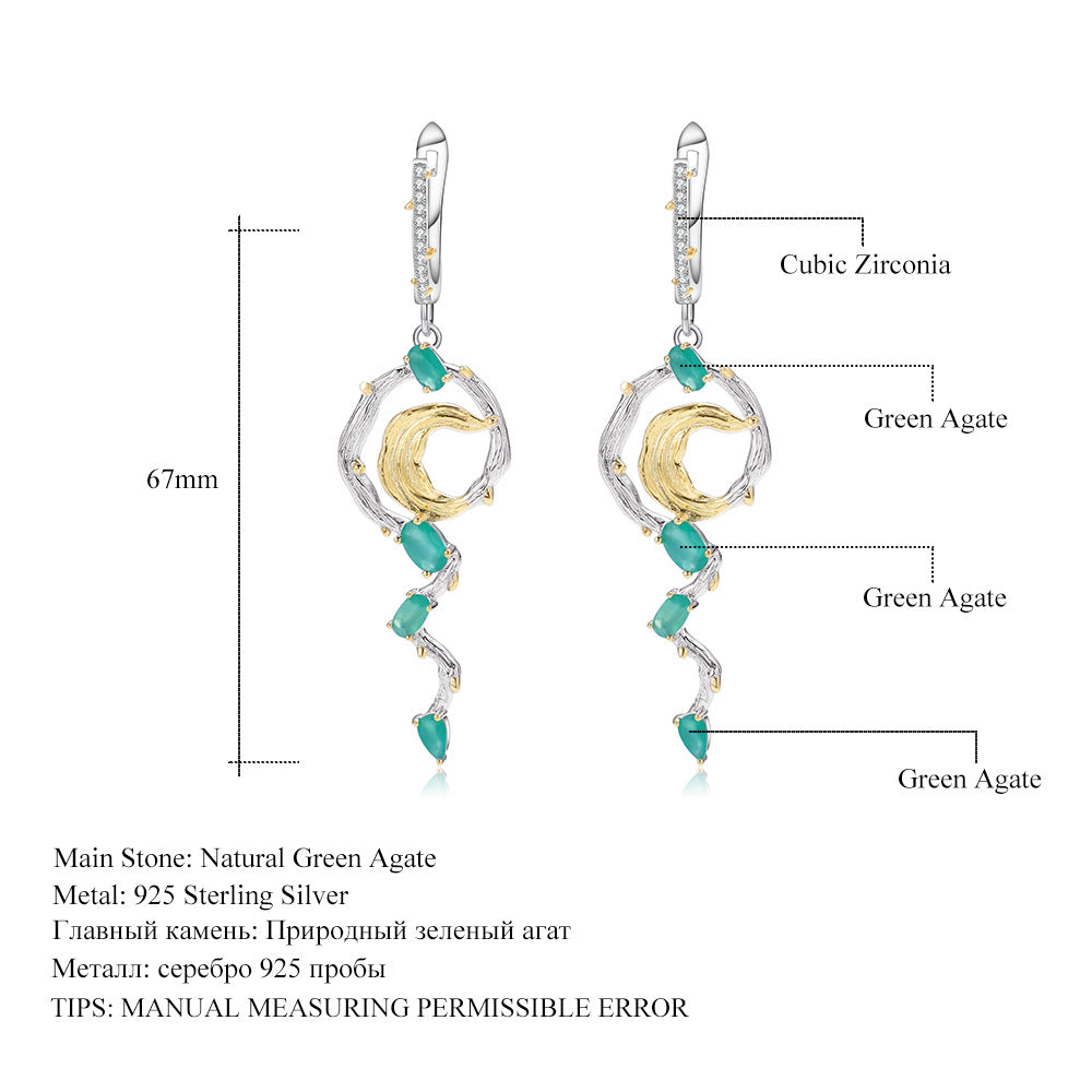 Secret Garden Designer Green Agate Earrings Natural Wind s925Sterling Silver Natural Gemstone Earrings