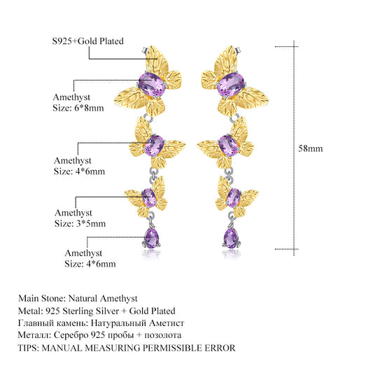 High-end Designer Gemstone Earrings Natural Style Butterfly Design s925Silver Natural Amethyst Earrings Drop Earrings