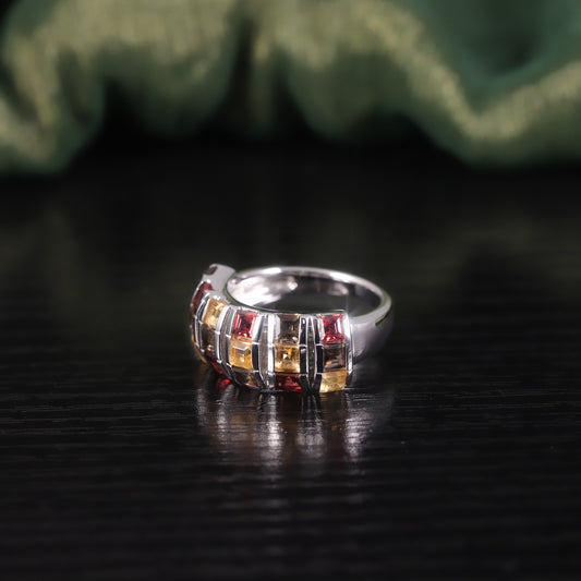 Exotic Natural Garnet Crystal Ring s925Sterling Silver Inlaid Colorful Gemstone Statement Ring