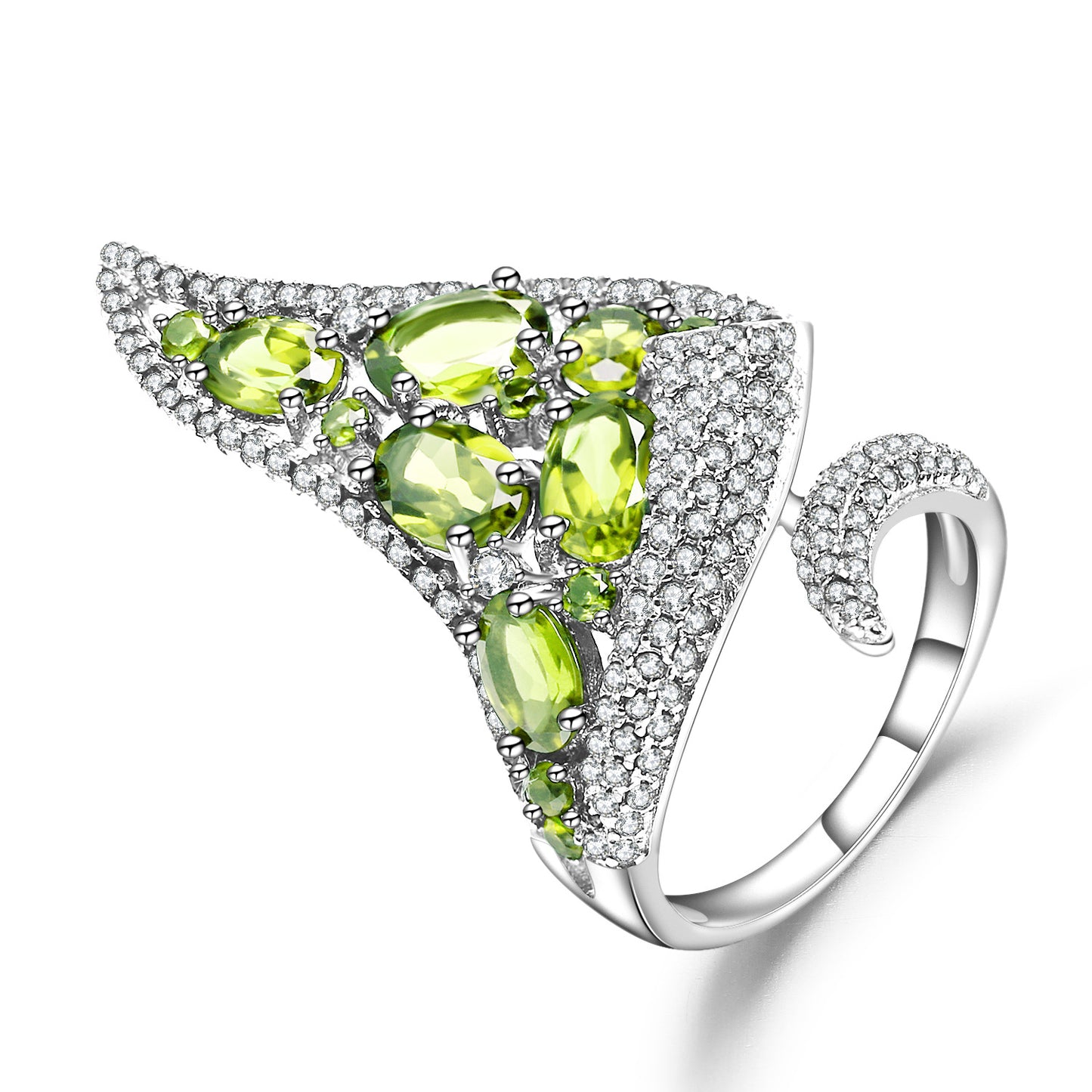 Italian Craft Designer Open Ring Personality Exaggerated Luxury s925Silver Natural Peridot Ring
