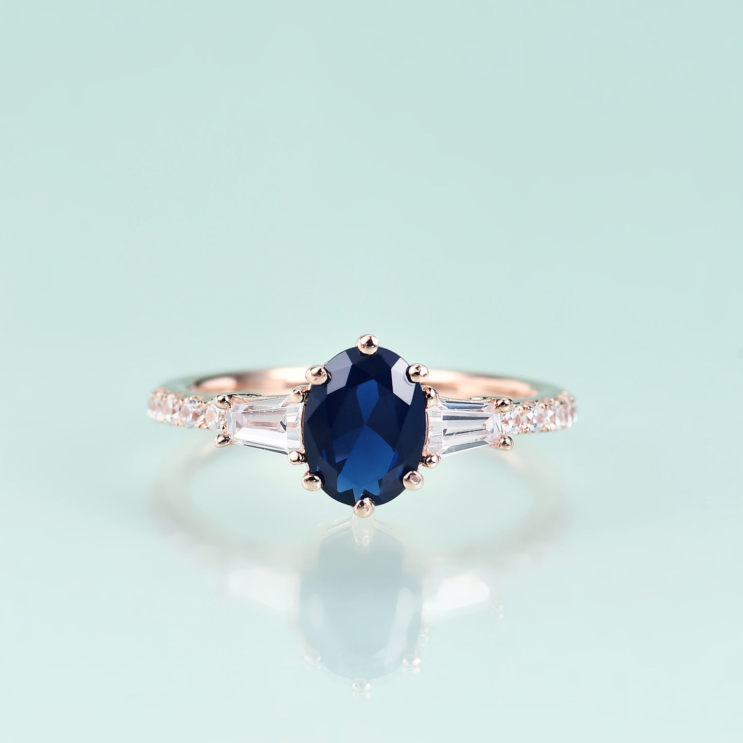 S925Sterling Silver Inlaid Blue Gemstone Ring Fashion Classic Elegant Light Luxury Colorful Gemstone Rose Gold Ring