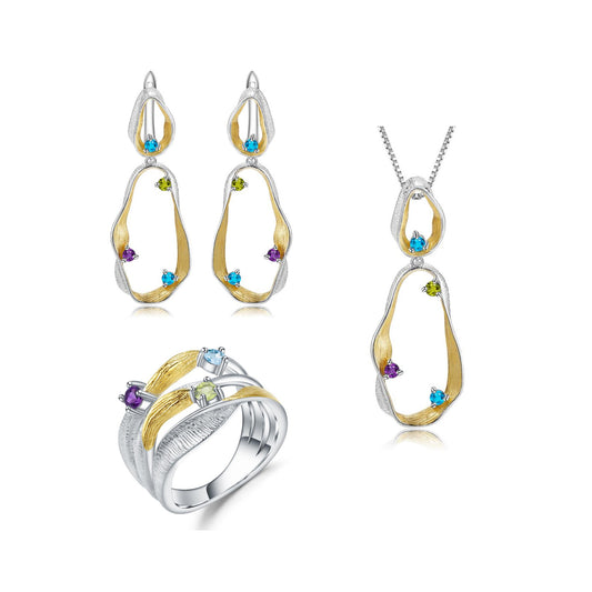 Designer High-End Luxury Jewelry Set s925Sterling Silver Inlaid Gemstone Ring Earrings Pendant