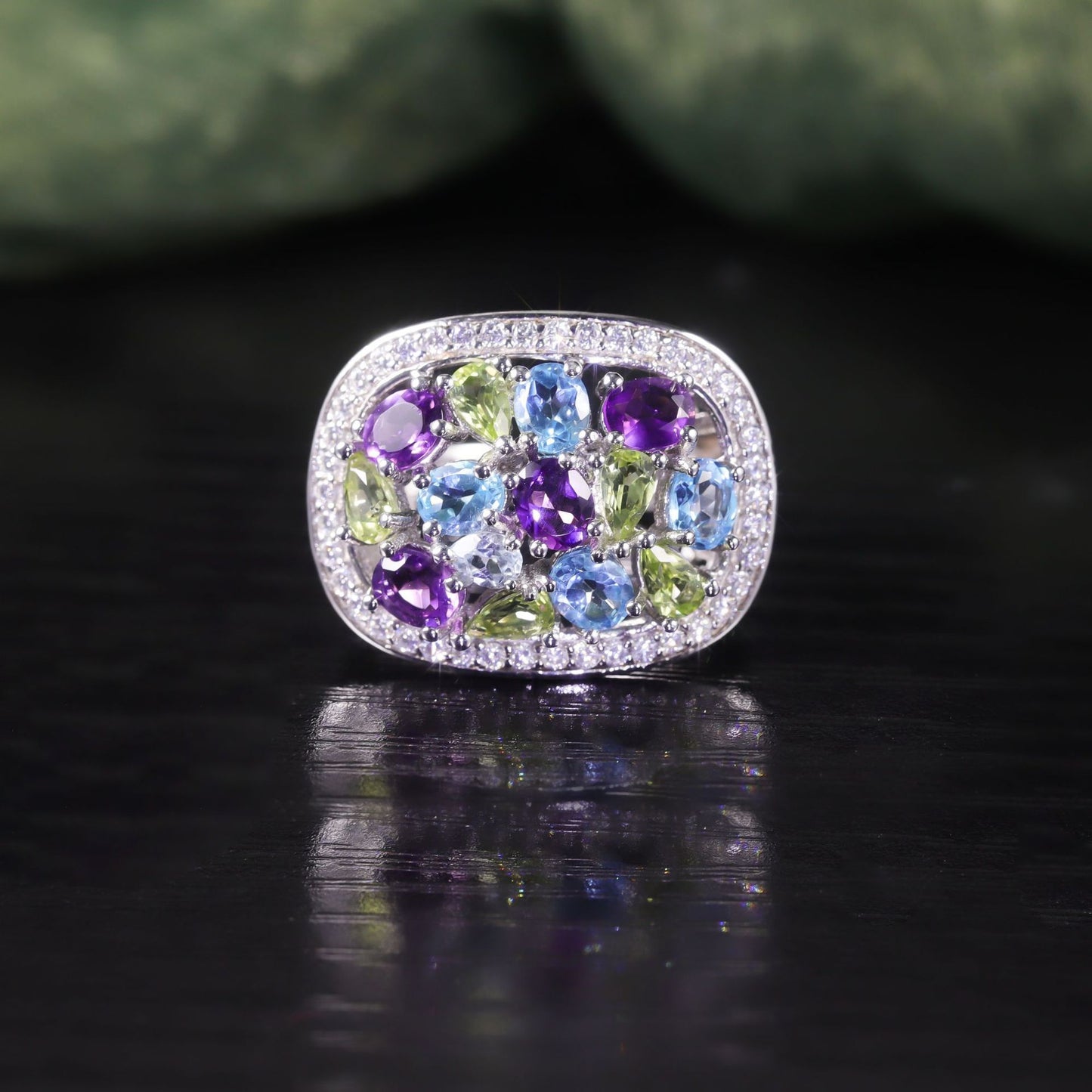 Exaggerated Large Ring Luxurious Cluster Inlaid Natural Topaz Ring s925Sterling Silver Rainbow Gemstone Ring