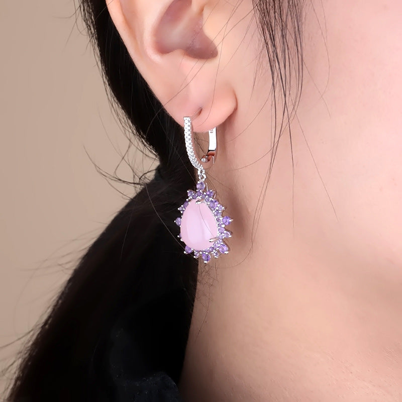 Luxurious Natural Gemstone Pink Agate Earrings Elegant Series with a Sense of Sophistication925Silver Inlaid Gemstone Earrings