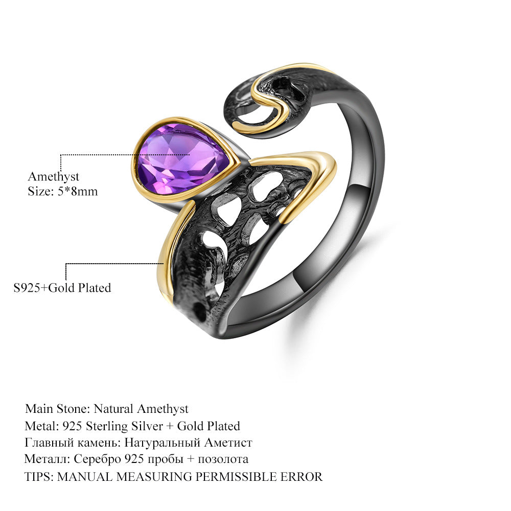 Designer Gemstone Inlaid Open Ring Vintage Style High-End Design925Silver Natural Amethyst Ring