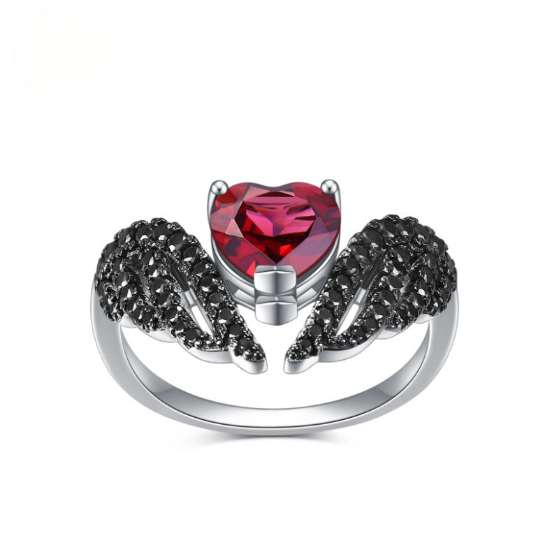Dark Wings Heart Designer Natural Gemstone Ring s925Sterling Silver Inlaid Garnet Ring