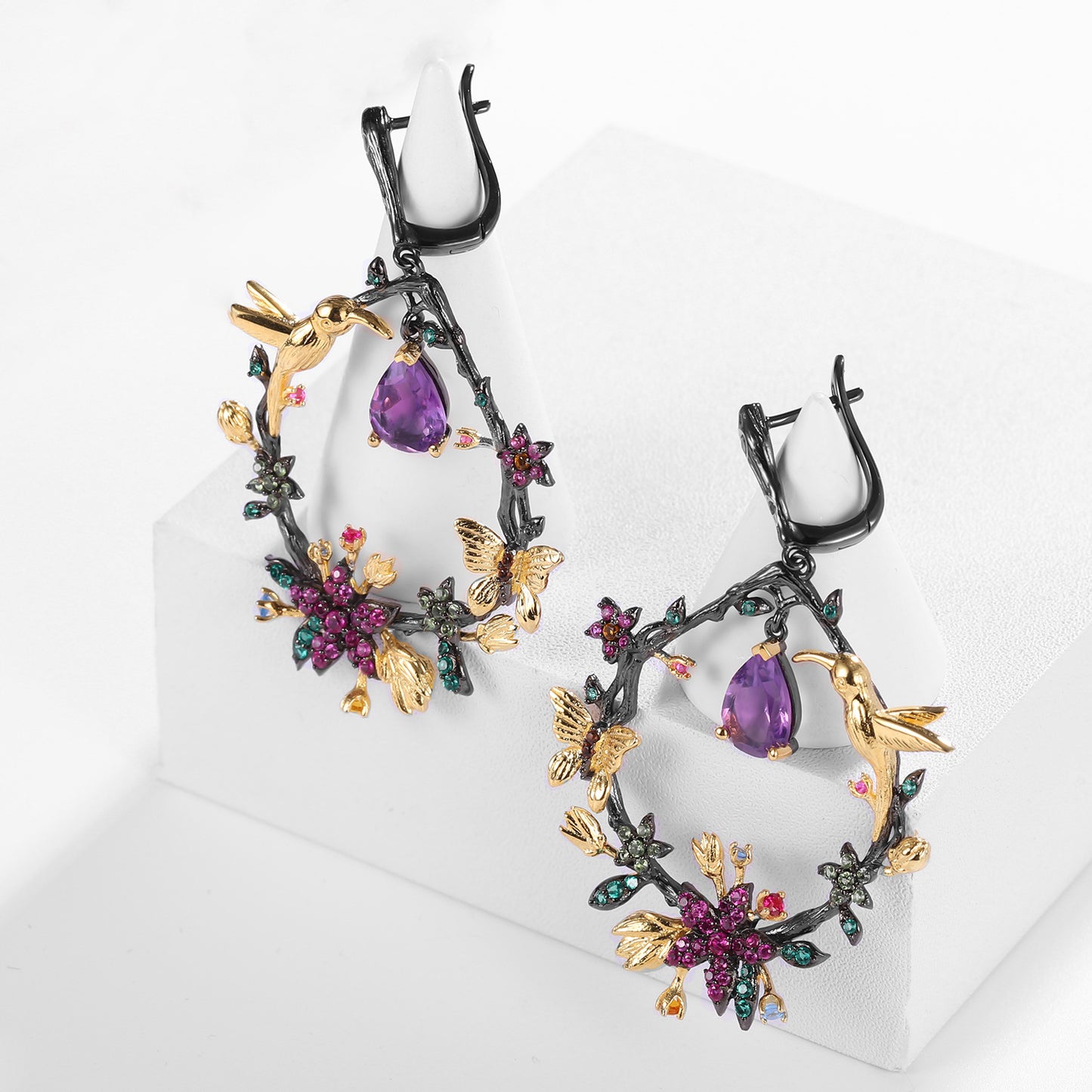Secret Garden Designer Gemstone Earrings with Birds and Floral Design925Silver Natural Amethyst Earrings Drop Earrings