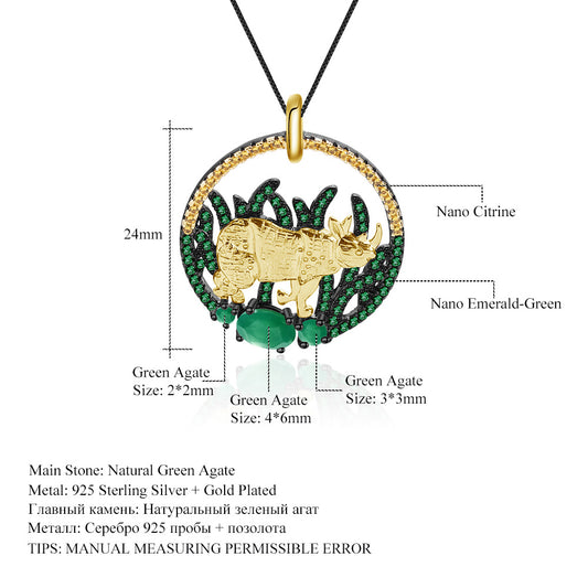 Designer High-Grade Gem Pendant Animal Nature Style Design s925Silver Green Agate Necklace Pendant