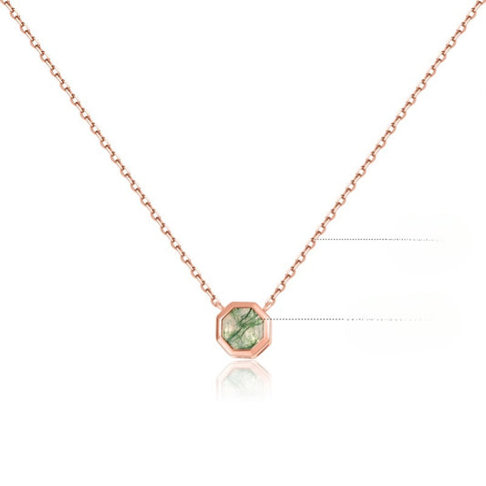 Unique s925Silver Inlaid Natural Water Grass Agate Necklace Exquisite Polygonal Moss Gemstone Necklace Clavicle Chain for Women