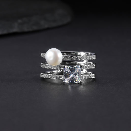 S925Sterling Silver Natural Freshwater Pearl Ring Fashionable Light Luxury High-end Three-ring Inlaid Gemstone Set Ring