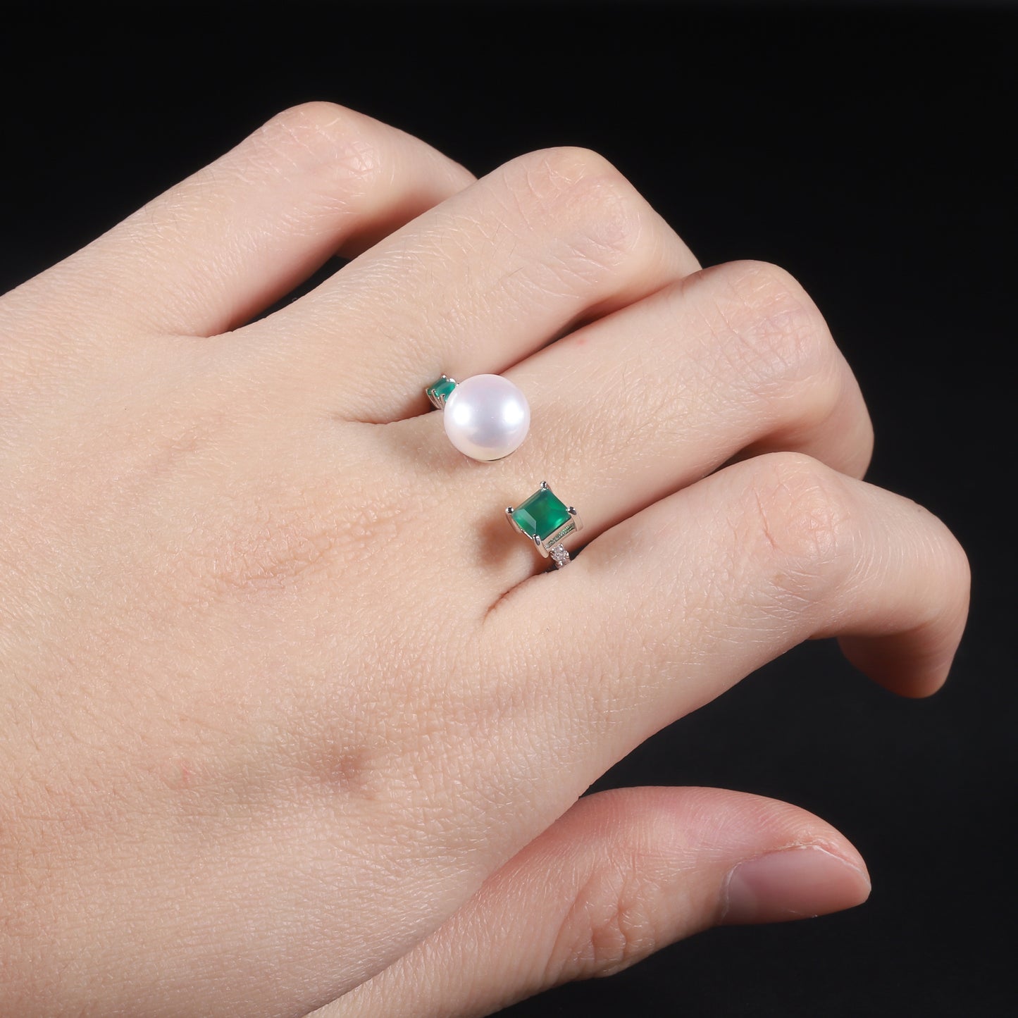 S925Sterling Silver Natural Freshwater Pearl Adjustable Open Ring for Women Fashionable Light Luxury Natural Green Agate Ring