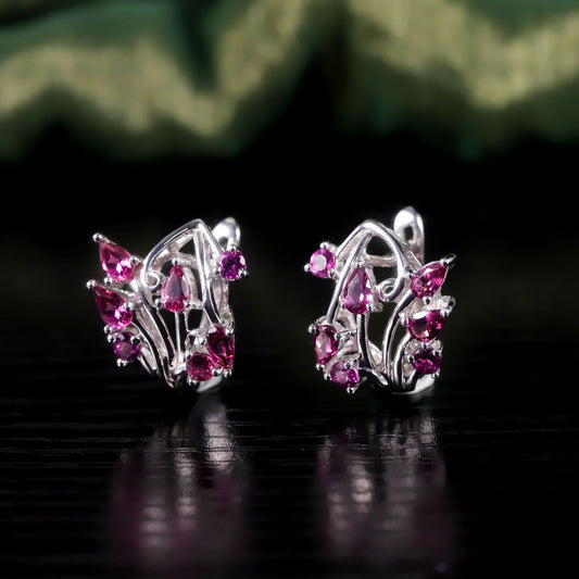 Natural Style Leaf Branch Earrings S925Sterling Silver Inlaid Natural Garnet Niche Design Earrings New Style