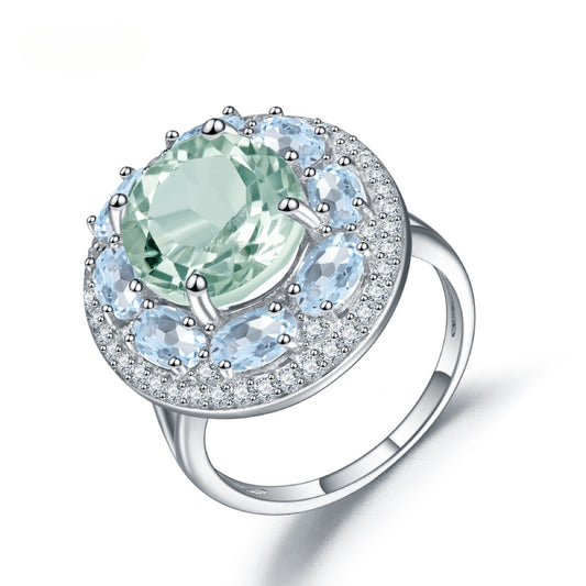 s925Silver Natural Topaz Green Amethyst Ring High-end Fashion Luxurious Inlaid Natural Gemstone Ring