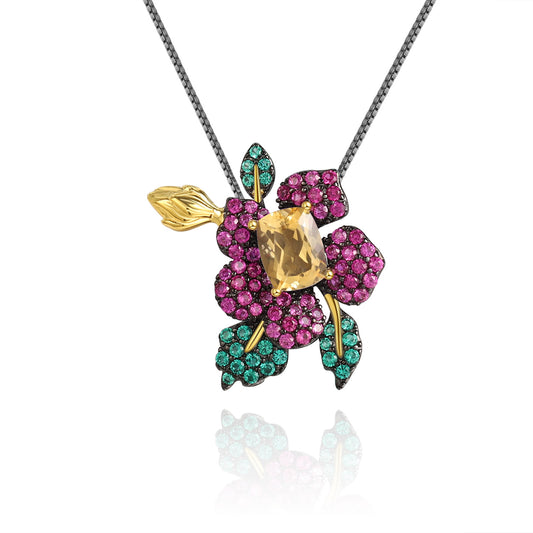 Designer Natural Yellow Crystal Brooch Pendant Dual-use Natural Style Flowers925Silver Color Gemstone Brooch Pendant