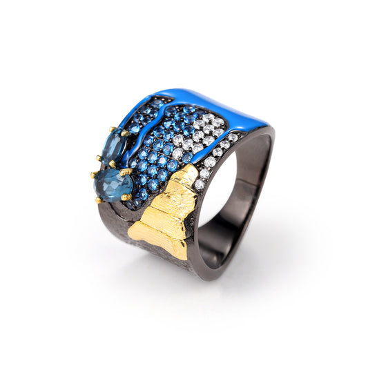 Sapphire Natural Topaz Ring Niche Square Ring Original Design Sense925Sterling Silver Gemstone Bracelet for Men