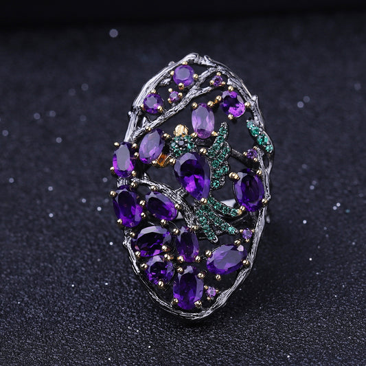 Secret Garden Gemstone Ring Jungle Flying Bird Design Russia s925Sterling Silver Natural Topaz Ring Gorgeous