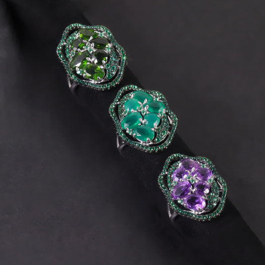 Luxurious Diopside Ring s925Sterling Silver Inlaid Natural Amethyst Green Chalcedony Ring Vintage Style Jewelry